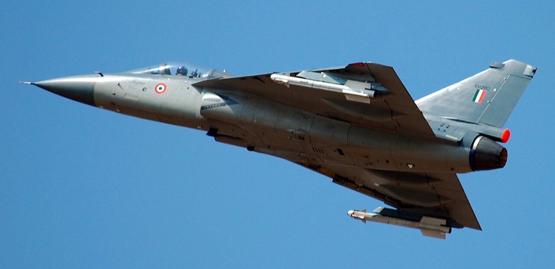 A HAL Tejas fighter aircraft in flight, the programme behind a large share of Hindustan Aeronautics' order book