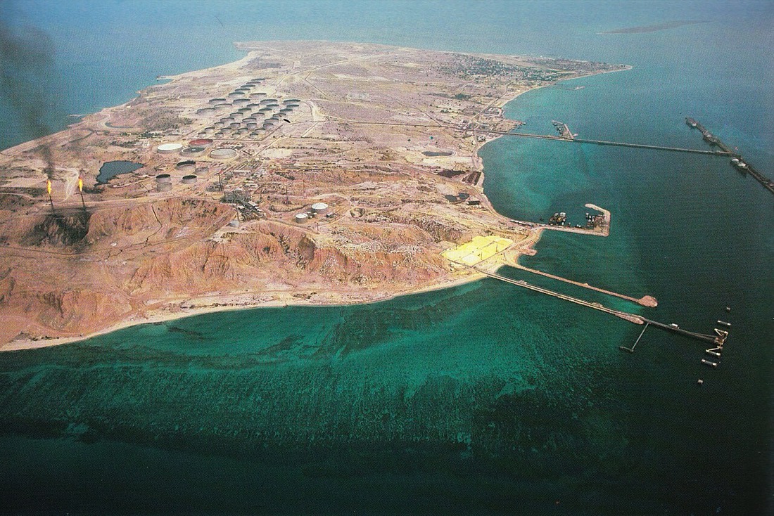 An aerial view of Kharg Island, Iran's main crude export terminal in the Persian Gulf, where the Iranian oil Indian refiners bought in 2026 was loaded