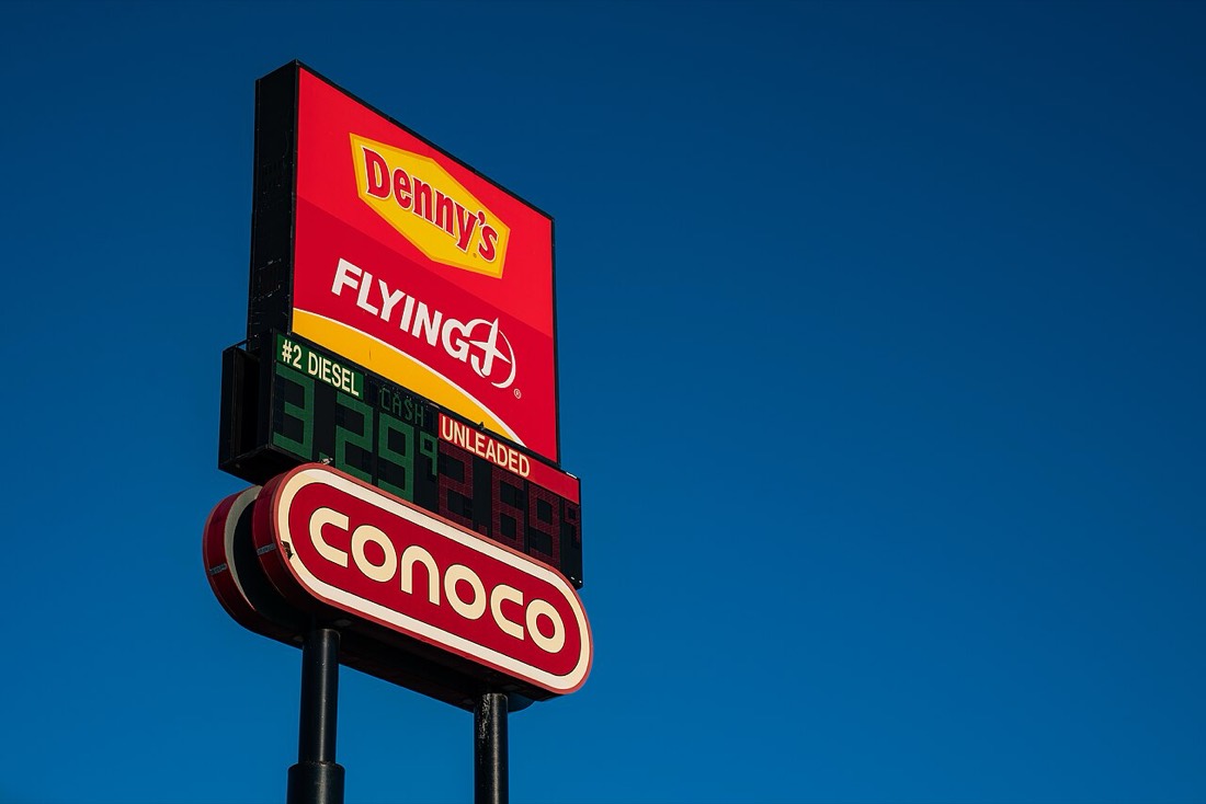 A Flying J truck stop sign showing diesel prices in Nebraska